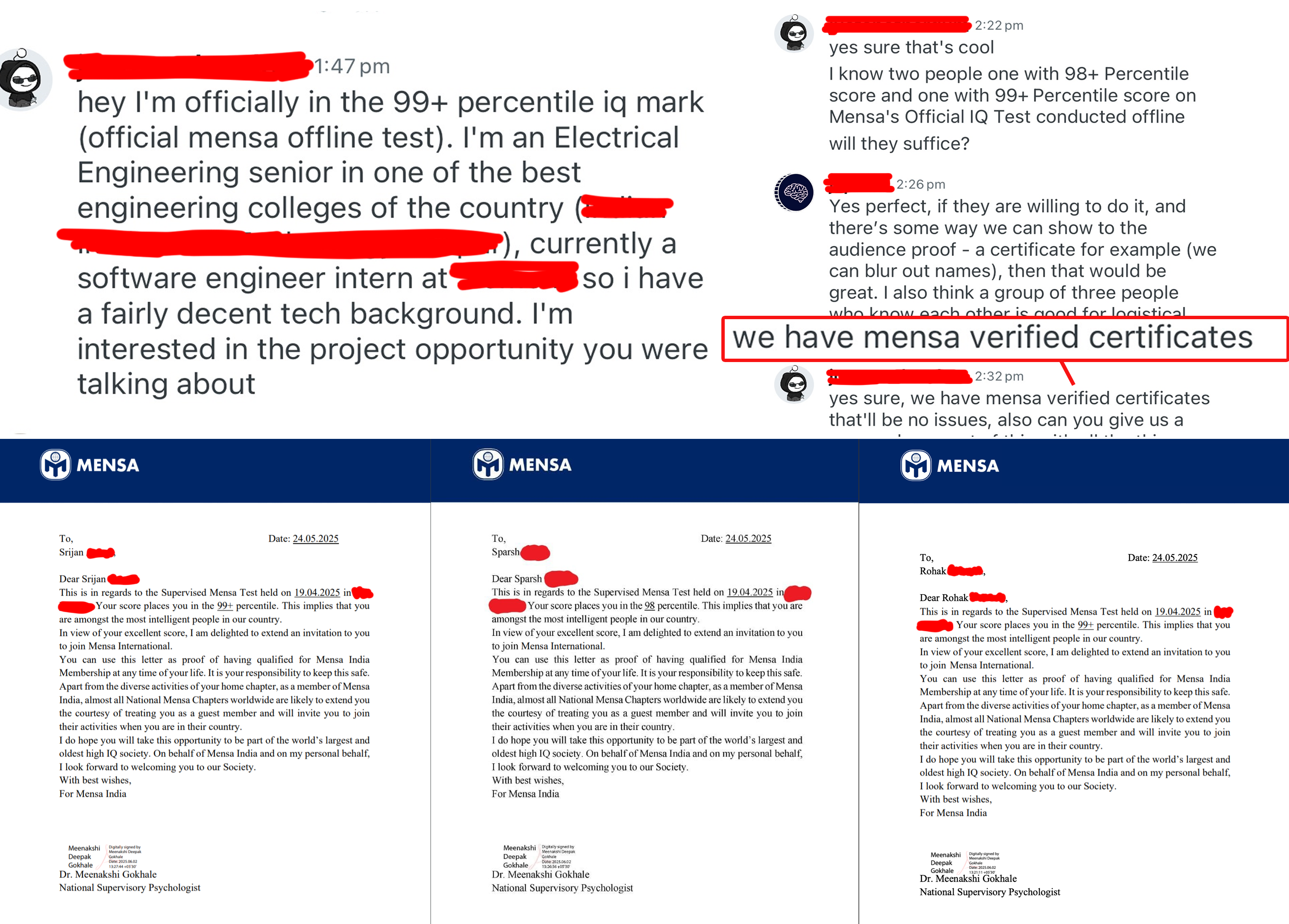 Mensa verification certificates and Reddit conversation showing 99+ percentile IQ scores and official Mensa certificates